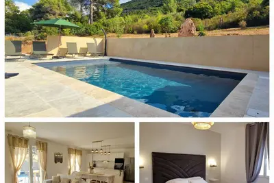Villa, piscine chauffée, clim, wifi, rivière 1km, plage 6km, 4 chambres