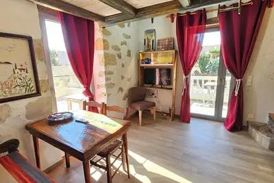fantastic studio Komos, sleeping gallery, kitchenette, bathroom, private balcony