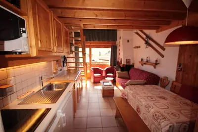 Image de À 50m des pistes de ski, 1er étage, balcon, cheminée ou poêle à bois, télévision, casier à ski, 45m²
