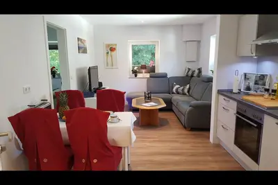Image de Chic vacation home, nestled in the beautiful Schleil landscape, equipped with: Baby crib, garden area with play facilities and covered barbecue and smoking area, fly screens and pleated blinds on all windows, flat screen Tv, open plan kitchen with. . .